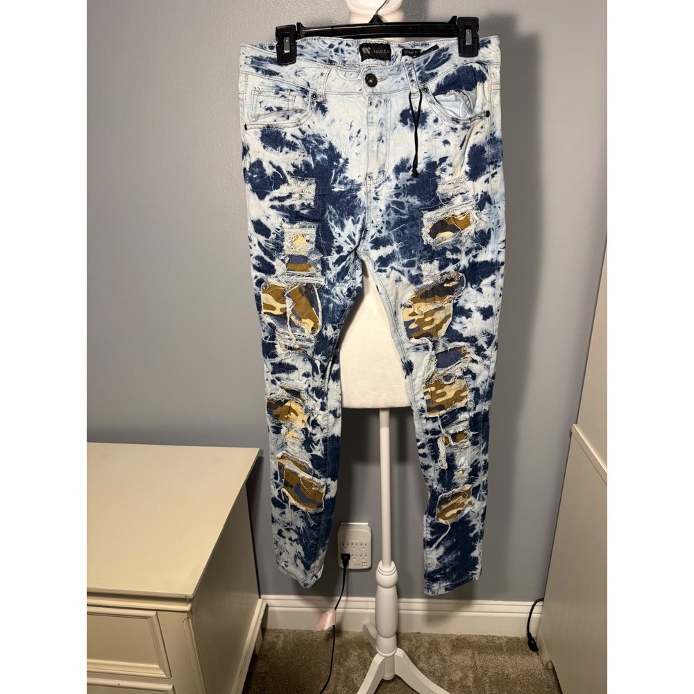 Waimea Mens Skinny Fit Distressed Tie Dye Camo Patch Jeans 18, Women 4-6